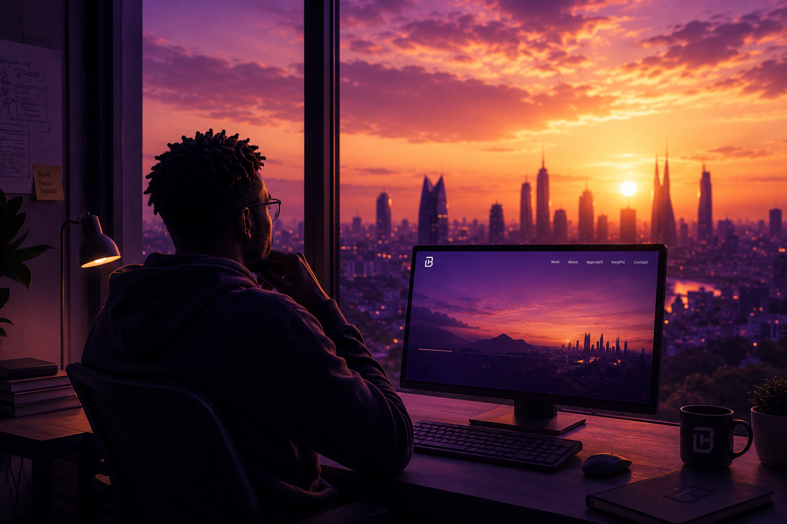 A developer gazing out over a city sunset while working at a dual-monitor setup